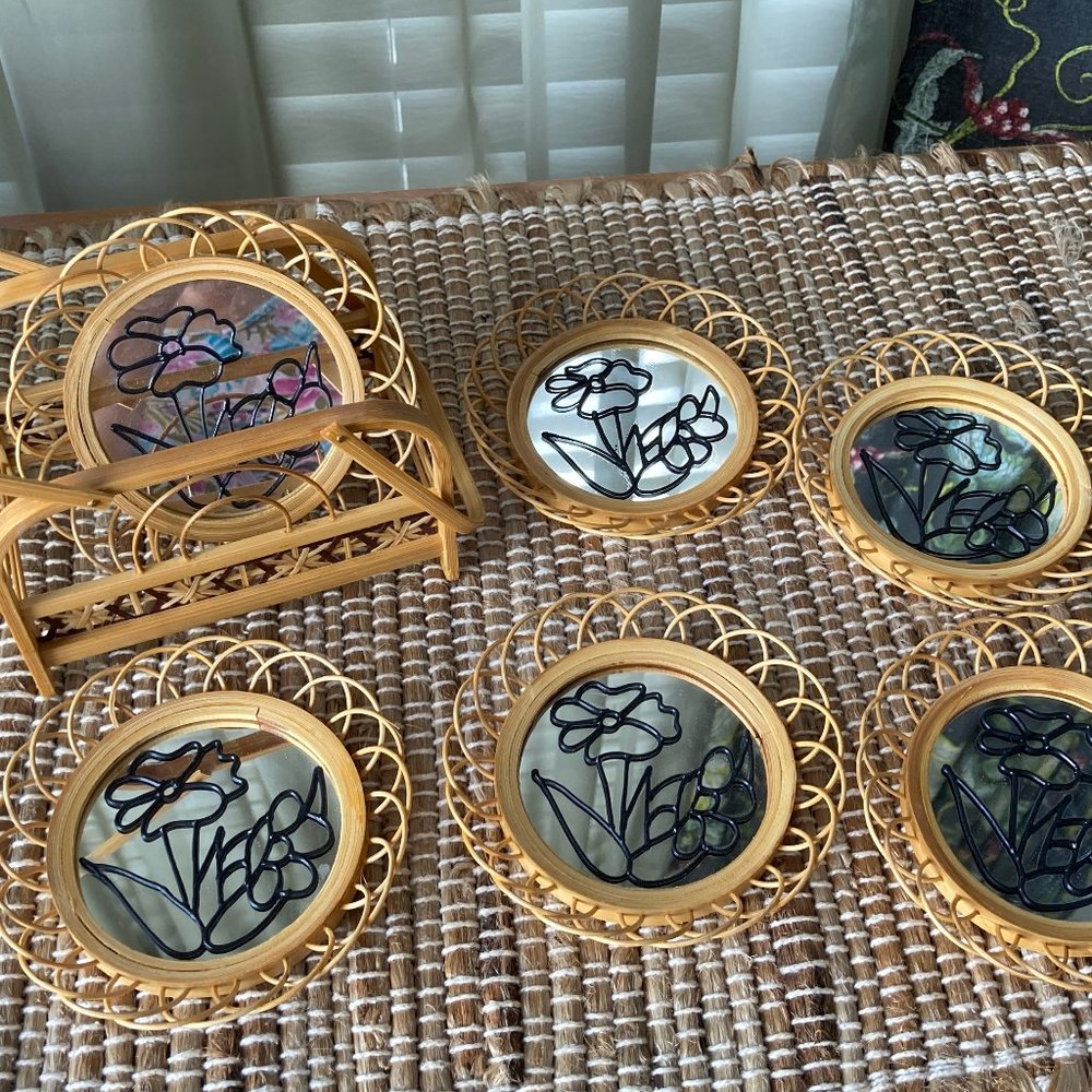 Vintage Bamboo Straw Mirrored Coaster Set
